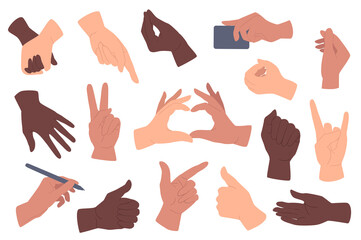 Hands gestures set graphic elements in flat design. Bundle of caucasian and african american hands holding, pointing, showing heart, like, rock and other gestures. Illustration isolated objects
