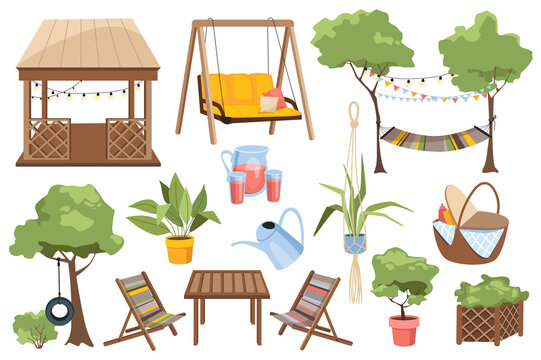 Garden furniture set graphic elements in flat design. Bundle of wooden gazebo, hammock, trees, potted, carafe and glasses, picnic basket, table, chairs and other. Illustration isolated objects