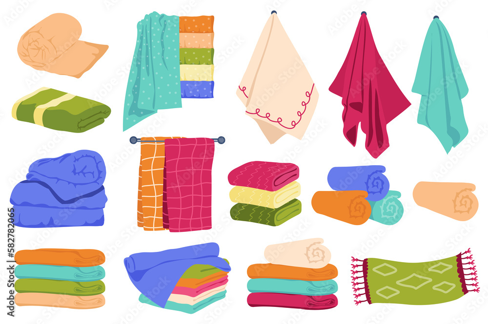 Poster Towels set graphic elements in flat design. Bundle of colored towels and napkins of various shapes, rolled up, lying in pile, hanging on bathroom or kitchen wall. Illustration isolated objects