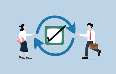 Task rechecking, review completed work to identify and correct error, carefulness in working concept, Businessman and woman with completed checkbox and circular arrows around. - obrazy, fototapety, plakaty