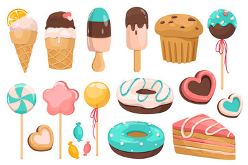 Sweets and dessert set graphic elements in flat design. Bundle of ice creams, cupcake, lollipops, cookie, donuts, piece of cake, candis and other confectionery. Illustration isolated objects
