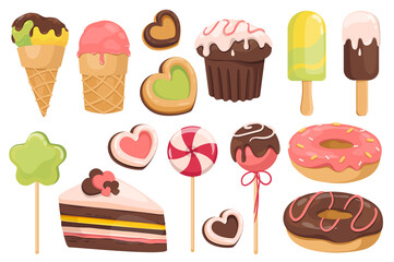 Sweets and dessert set graphic elements in flat design. Bundle of different types of ice creams, cupcake, lollipops, cookie, donuts, cake and other confectionery. Illustration isolated objects