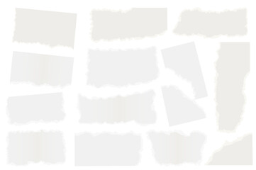 Torn paper set graphic elements in flat design. Bundle of different shapes of white ripped paper scraps with empty spaces, page pieces with torn ripped edges. Illustration isolated objects