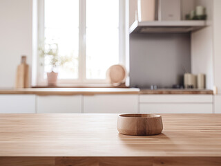 Fototapeta na wymiar Front view of wooden kitchen table with blurred background and volumetric lighting in minimalist interior style