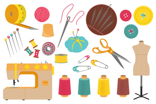 Sewing tools set graphic elements in flat design. Bundle of measuring tape, sew machine, thread, thimble, needle, buttons, pins, scissors, mannequin and other. Illustration isolated objects