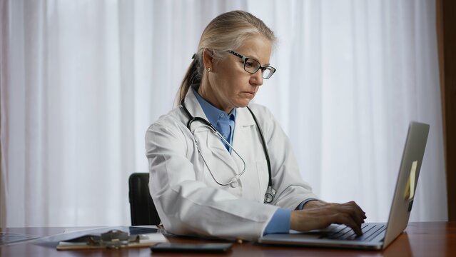 Doctor is looks at X-ray image of patient and reviews information on laptop computer screen. Concept of doctor for personal healthcare in office.