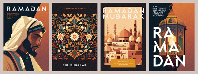 Ramadan Kareem and Eid Mubarak islamic illustrations set for posters, cards, holiday covers with Arabic architecture, mosque, pattern, lantern and man portrait in pray, modern typography and wishes