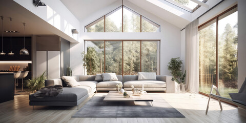 Fototapeta na wymiar Modern Living room with vaulted ceilings, 3d render Generative AI