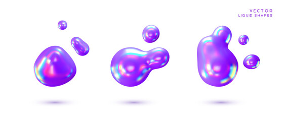 Set of liquid 3d holographic abstract shapes. Violet fluid bubbles iridescent effect. 3d vector illustration.