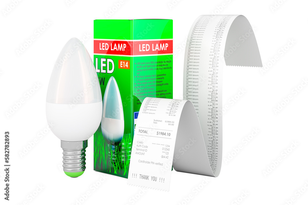 Poster energy savings led lamp with receipt, print check. 3d rendering