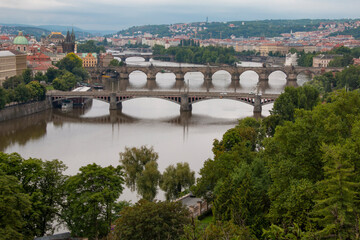 Fototapeta na wymiar View of the Prague bridges across the Vltava river