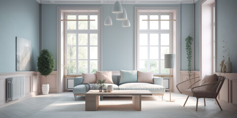 Fototapeta na wymiar Modern bright sitting room, 3d render, generative AI