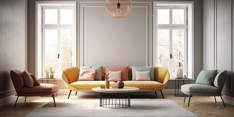 Modern bright sitting room, 3d render, generative AI