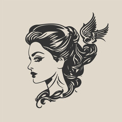 portrait of a womanin tattoo style logo vector illustration. black and white portrait of a woman