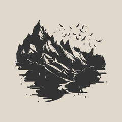 vector vintage monochrome mountains and trees. Mountain badge vector