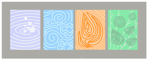 Elements of nature in modern contemporary symbols earth, water, air and fire vector design. Page calendar book cover design. Science project cards poster ideas.