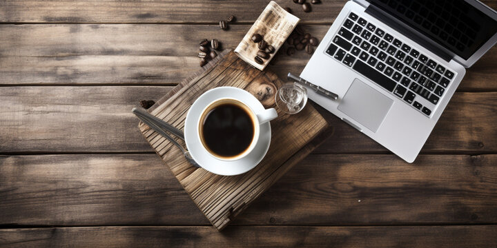 Coffee and Laptop on White Wooden Background
