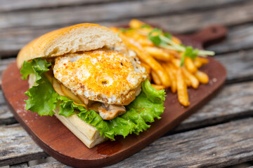 Sandwich with grill egg and french fries