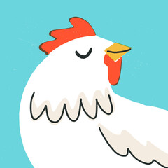 Cute retro-style smiling chicken. Easter symbol. Hand-drawn happy rooster. Vector artistic banner, poster illustration.