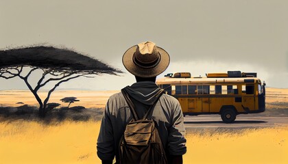 Back view of a tourist travelling in Africa, AI generative