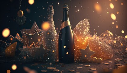 Happy New Year! Sparkling display of confetti and champagne, AI generative
