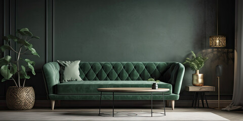Modern Home interior mock-up with green sofa table, background, 3d render Generative AI