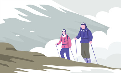 Couple climbers on the mountain. Man and woman hiker with backpacks on the background of a cloud. Cold and snow. Adventure, active sport and challenge. Vector illustration