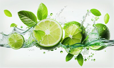 A splash of limes and limes is being poured into a glass, generative AI