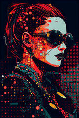 Cyberpunk woman, matrix background, schematic, project engineering style, abstract and pop art illustration, Generative AI