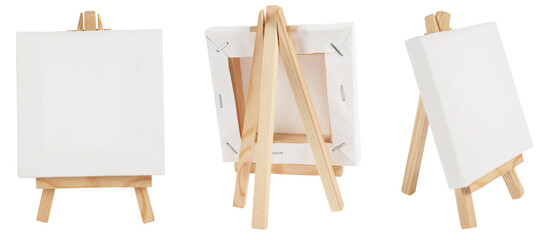 Small classic wooden tripod easel with canvas isolated on white background. Three angles of view....