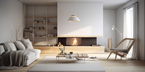 Modern home interior with fireplace Scandinavian, 3d render Generative AI