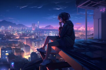 Fototapeta premium girl sitting on a ledge, cyberpunk, anime style. generative AI
