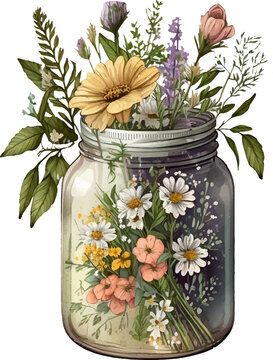 Vector image of bouquet of flowers in glass jar..