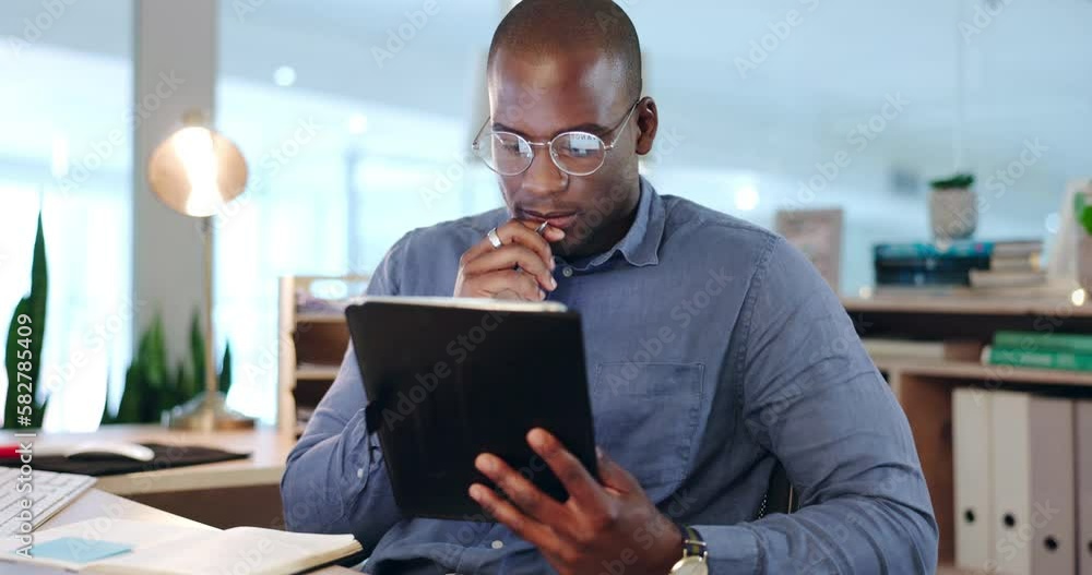 Poster tablet, thinking and writing with a black man consultant working in his customer service office for 