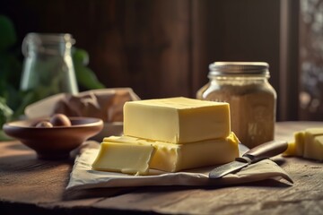 Piece of farm butter on craft paper on wooden kitchen background. Natural organic food. Generative AI