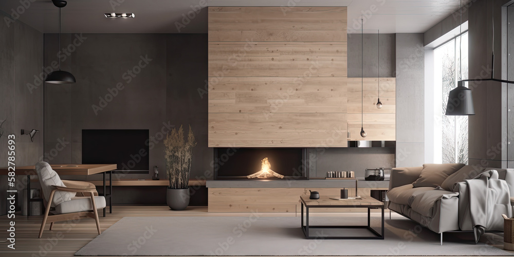 Canvas Prints Modern home interior with fireplace Scandinavian, 3d render Generative AI