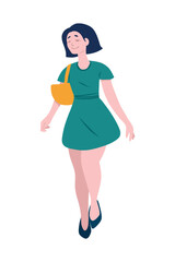 young woman on a walk. A brunette with short hair in a short emerald dress with a yellow handbag . Isolated on a white background