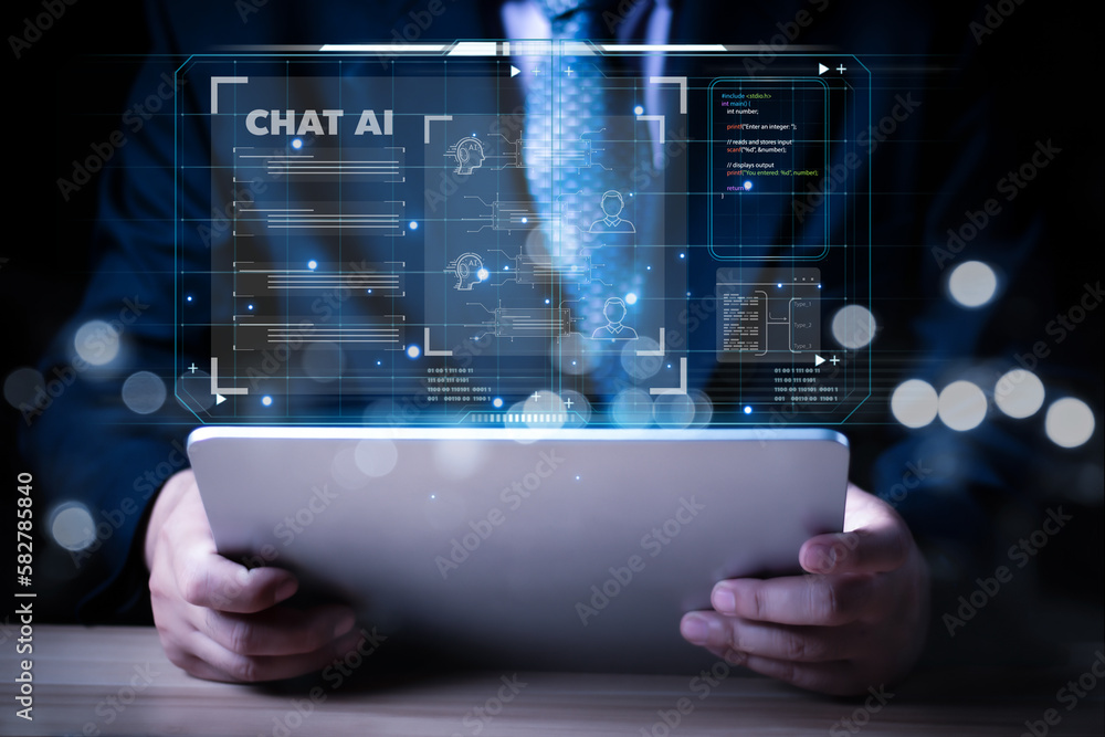 Poster businessman chat with ai, artificial intelligence. man using technology smart robot ai, artificial i