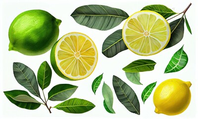 Ripe whole green lemons with leaves and pieces with yellow isolated on white background, generative AI