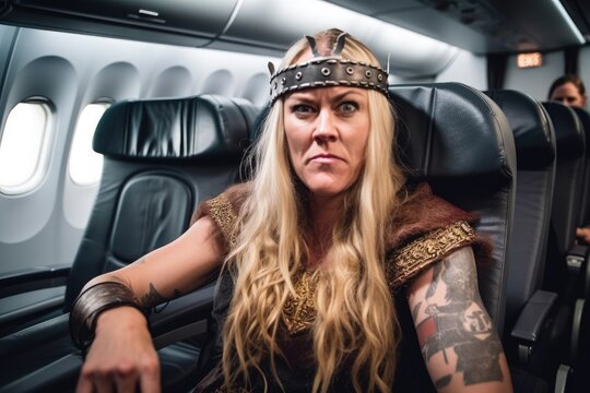 Women dressed as a Viking travelling on a business class flight - Generative AI