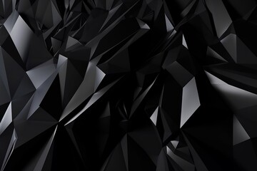  abstract black crystal background, faceted texture, macro panorama, wide panoramic polygonal wallpaper. Generative AI