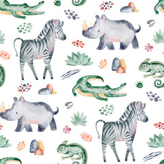 Animals of Africa seamless pattern with tropical leaves. Watercolor seamless pattern. Packaging design, poster, fabrics, digital paper, sublimation.