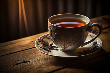 A cup of black tea isolated on the wooden background generated ai