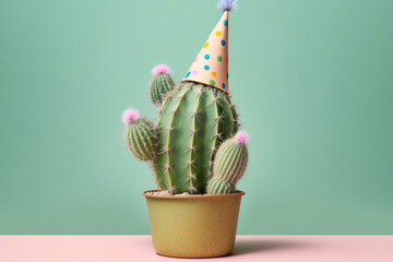 Cactus wearing a party celebration hat. Cinco de mayo celebration background. Generative ai