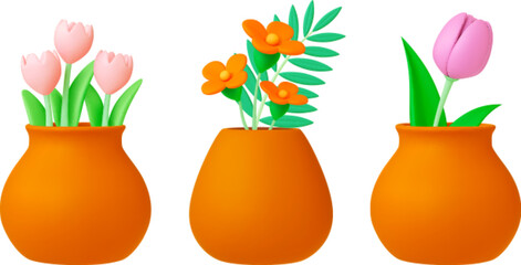 Spring flowers 3d bouquets in pots or clay vases. Plasticine flower, pink tulips and green leaves. Isolated decorative realistic vector floral elements
