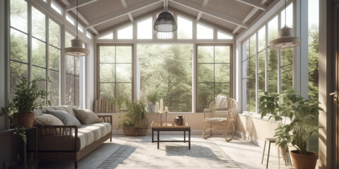 Sunroom interior, 3d render. Generative AI