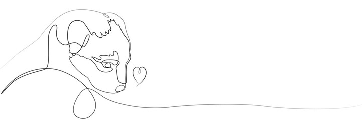 Stylized puppy and heart, vector line drawing. One line dog on a white background. Banner for a pet shop, advertising products for dogs