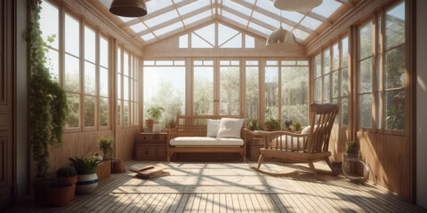 Sunroom interior, 3d render. Generative AI