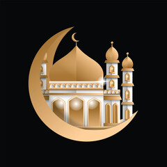 Vector image of a golden dome mosque with a crescent moon