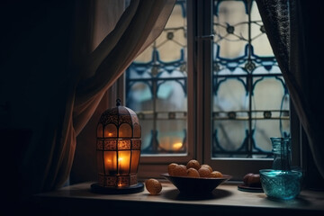 Vintage decoration lamp beside window.Generative Ai